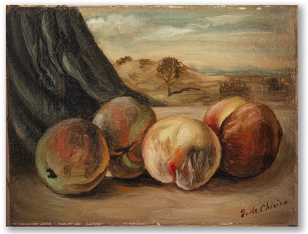 Giorgio de Chirico "Pesche" metà anni '50
olio su tela applicata su cartone
cm 1