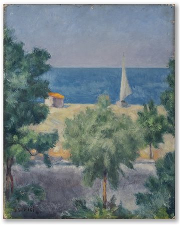 Ardengo Soffici "Spiaggia e mare" 1940
olio su tavola
cm 49,8x39,8
Firmato e dat