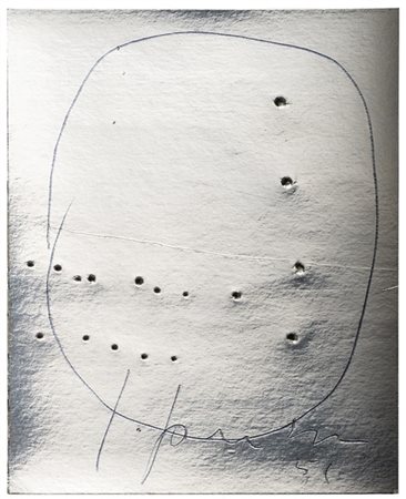 Lucio Fontana "Concetto spaziale" 1959
inchiostro e buchi su stagnola argento
cm