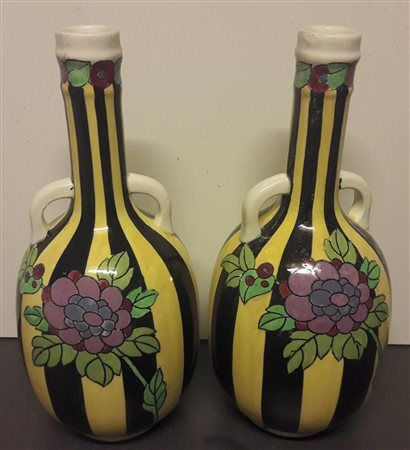 Charles Catteau La Louvière, Anni ‘30;Due bottiglie in ceramica a smalti...