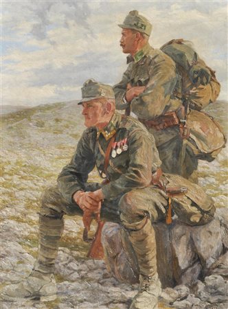 Lt. Richter Due cacciatori imperiali austriaci in montagna, 1918;Olio su...