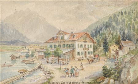 A. Ringler Albergo Brummer Seespitz, lago Achensee, 1904;Acquerello per il...