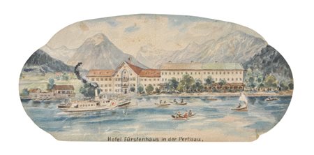 A. Ringler Hotel Fürstenhof a Pertisau 1904;Acquerello per il manifesto “Der...