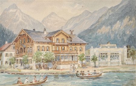 A. Ringler Hotel Stefanie, lago Achensee, 1904;Acquerello per il manifesto...