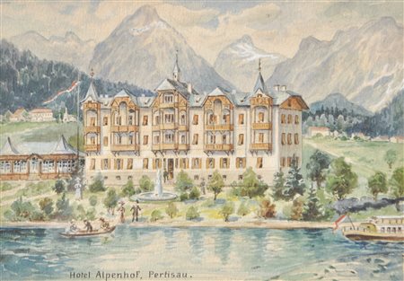 A. Ringler Hotel Alpenhof, Pertisau, lago Achensee, 1904;Acquerello per il...