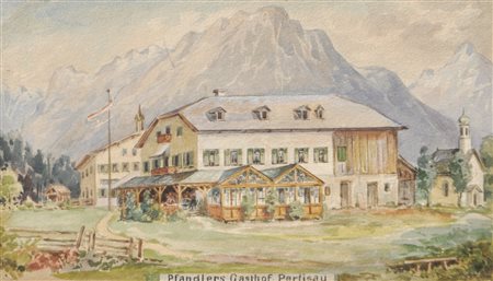 A. Ringler Pfandlers Gasthof, Pertisau, lago Achensee, 1904;Acquerello, 11 x...