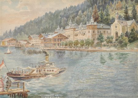 A. Ringler Messmers Hotel Scholastika, lago Achensee, 1904;Acquerello per il...
