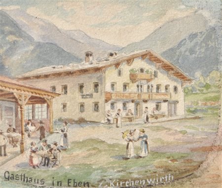 A. Ringler Albergo Kirchenwirth Eben, lago Achensee, 1904;Acquerello, 8 x 9,5...