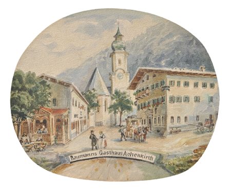 A. Ringler Albergo Baumann Achenkirch, lago Achensee, 1904;Acquerello per il...