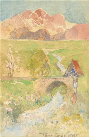 Tony Grubhofer Paesaggio alpino tirolese con edicola votiva e ponte di...