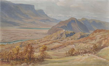 Albert Stolz (Bozen/Bolzano 1875 – 1947) Lago di Caldaro da Mazzon, 1941;Olio...