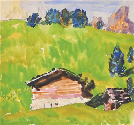 Josef Meng (Heideck 1887 – Kufstein 1974) Malghe in Tirolo;Acquerello, matite...