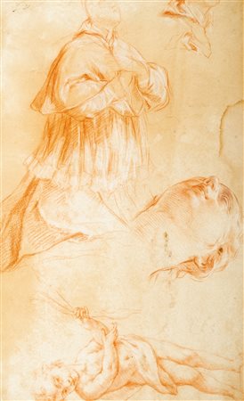 Scuola romana, prima metà del secolo XVIII - Studio di prete, di una figura femminile e di ragazzo con frecce (recto); Studio di due teste di bimbo (verso)