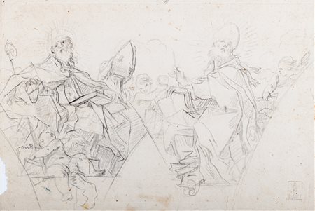 Scuola napoletana, secolo XVII - Studio di due vescovi con angioletti, entro pennacchi