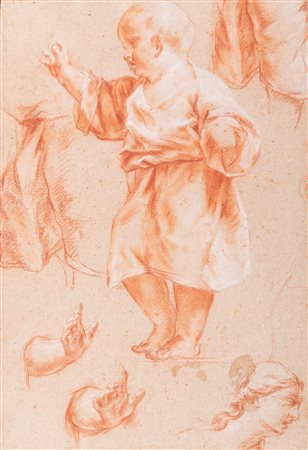 Pittore francese attivo a Roma nel secolo XVIII - Figura di un bimbo, studio di mani e di un viso (recto); Studio di viso femminile, di una mano e di tre braccia (verso)