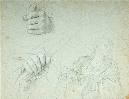 Agostino Masucci (Roma 1691-1758)  - Studio per suicidio di Lucrezia, studio di due mani, una con la spada (recto); e Studio di figura (verso)