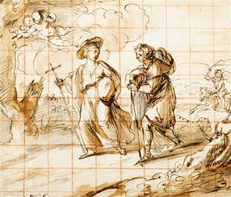 Scuola italiana, secolo XVII - Due pellegrini in un paesaggio