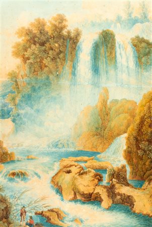 Franz Kaisermann (Yverdon-les-Bains 1765-Roma 1833)  - Paesaggio con cascata e due astanti in primo piano