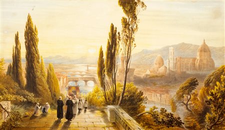 Scuola italiana, seconda metà del secolo XIX - Veduta di Firenze da San Nicolò con processione in primo piano