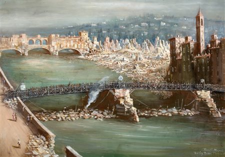 Scuola italiana, secolo XX - Veduta di Firenze con Ponte Vecchio e Ponte Santa Trinita distrutto dai bombardamenti