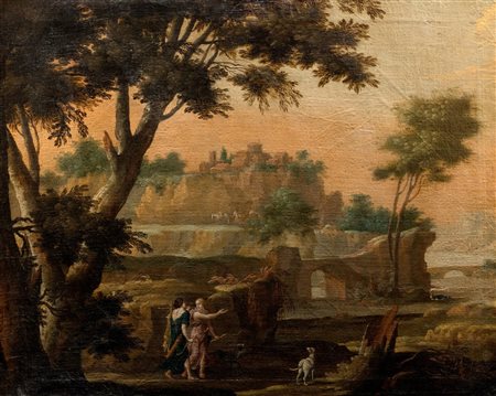 Pittore fiammingo attivo in Italia, secolo XVII - Paesaggio arcadico con ninfe cacciatrici