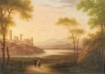 Scuola europea, inizi del XIX secolo - Lotto di tre dipinti raffiguranti paesaggi fluviali con astanti