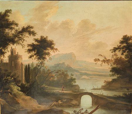 Scuola italiana, secolo XVIII - Paesaggio fluviale con ponte di pietra