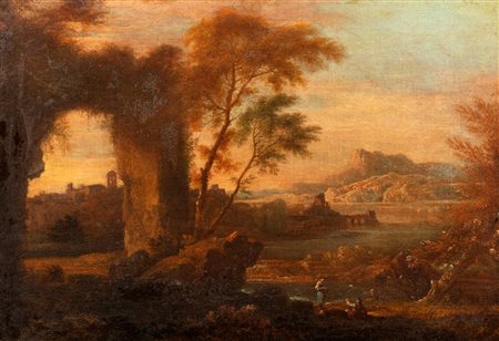 Scuola veneta, secolo XVIII - Due paesaggi fluviali con astanti