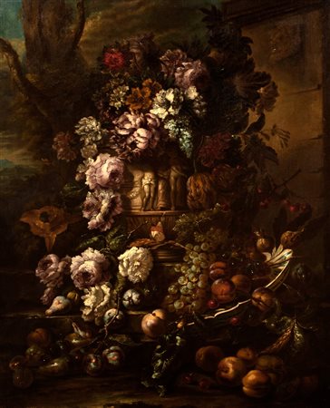 Scuola romana, seconda metà del secolo XVII - Due trionfi di fiori in vasi istoriati en plein air