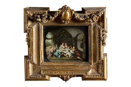 Scuola fiamminga, secolo XVIII - Scena di banchetto sotto un portico