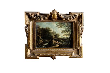 Scuola fiamminga, secolo XVII - Paesaggio fluviale con viandanti