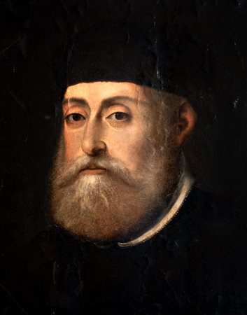 Scuola veneta, secolo XVI - Ritratto di gentiluomo a mezzo busto, in abito nero