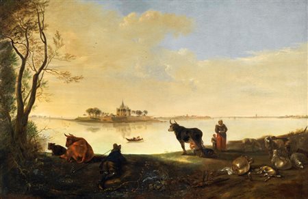 Herman Saftleven (Rotterdam 1609-Utrecht 1685)  - Veduta fluviale della Mosa con pastori e armenti in riva