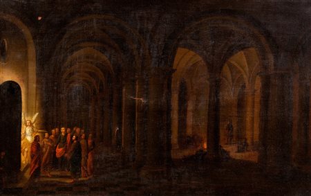 Scuola fiamminga, secolo XVII - Interno di una cattedrale gotica con scena evangelica