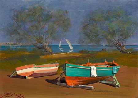 LORENZO PALAZZI (1921-1990) - Barca, lancia e tamerici a Livorno, 1960