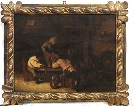 Scuola olandese, sec. XVIIIINTERNO DI OSTERIA CON BEVITORIolio su tavola, cm...