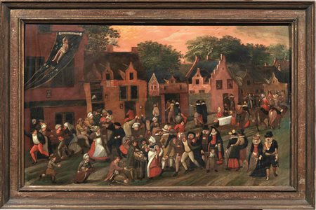 Scuola fiamminga, secolo XVII FESTA DI VILLAGGIO olio su tavola parchettata,...