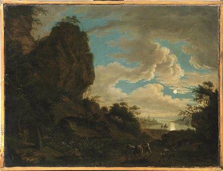 Scuola fiamminga, 1800 circaPAESAGGIO CON VIANDANTI AL CHIARO DI LUNAolio su...