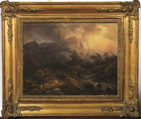 Pittore francese, sec. XIXPAESAGGIO TEMPESTOSO CON FIGURAolio su carta...