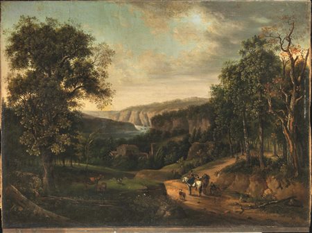 Scuola romana, inizi sec. XIXPAESAGGIO CON VIANDANTIolio su tela, cm...