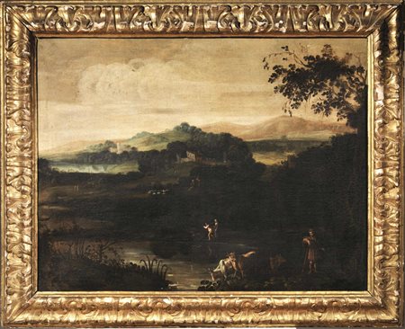 Scuola romana, fine sec. XVIIIPAESAGGIO FLUVIALE CON PASTORI E ARMENTIolio su...