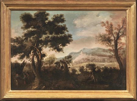 Scuola Italia centrale, secc. XVII-XVIIIPAESAGGIO BOSCHIVO CON FIGUREolio su...