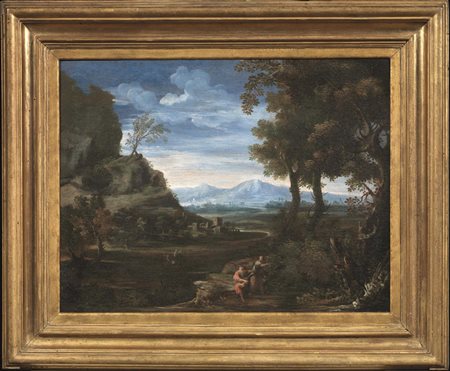 Cerchia di Gaspard Dughet, sec. XVIIPAESAGGIO CON FIGUREolio su tela, cm...