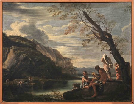 Scuola romana, fine sec. XVII-inizi XVIIIPAESAGGIO CON BAGNANTIolio su tela,...