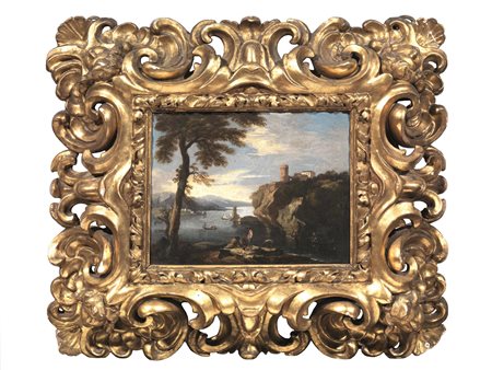 Attribuito a Jacob de Heusch (Utrecht 1657-1701) PAESAGGIO CON PESCATORI olio...