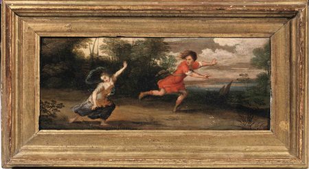 Scuola fiamminga, sec. XVIIATALANTA E IPPOMENEolio su tavoletta, cm 9,5x22&nbsp;