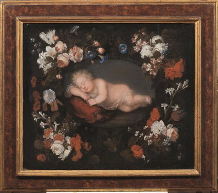 Scuola fiamminga, sec. XVIIGESÙ DORMIENTE ENTRO GHIRLANDA DI FIORIolio su...