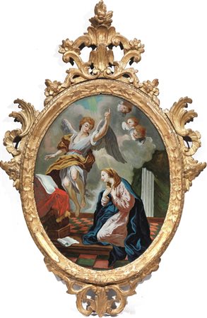 Scuola romana, sec. XVIIIANNUNCIAZIONEolio su vetro ovale, cm 65x50