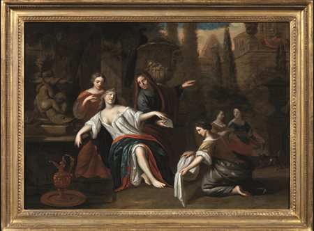 Scuola fiamminga, fine sec. XVII-inizi XVIIISUSANNA E LE SUE ANCELLEolio su...