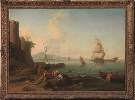 Pittore francese, sec. XVIIMARINA CON INSENATURA, TORRE, FIGURE E VELIERIolio...